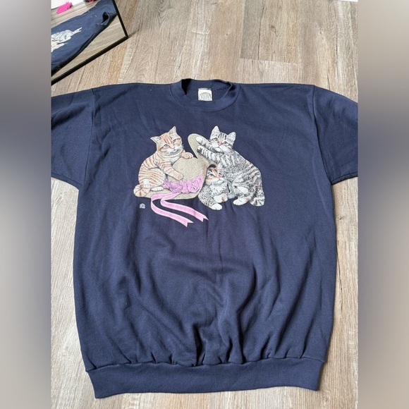 VTG Cotton Grove Cat Kitten Sweatshirt Crewneck Navy Blue Size XL 2XL COMFY - Picture 2 of 7